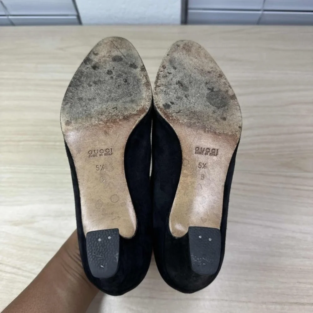 Gucci Shoes Women Size 5.5 Black Suede Vintage Slip On Dressy Office Chunky Heel
